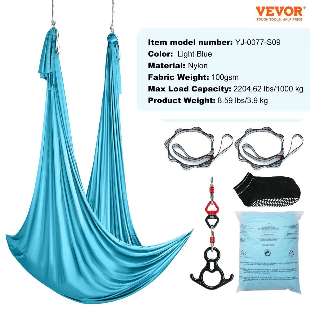 Aerial Yoga Hammock Set 10 x 2.8 m, Blue Aerial Yoga Swing Air Flies, Indoor Aerial Yoga Hammock Swing 1000 kg Max. Load Capacity, Includes Yoga Socks, Steel Carabiner and Aluminum Swivel