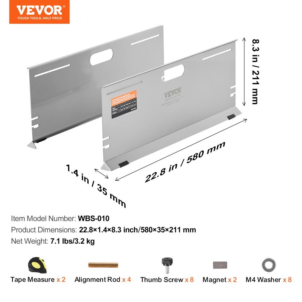 Wheel alignment device, pack of 2 wheel alignment plates, stainless steel toe angle measuring plate, 4 alignment rods and magnetic slots, including tape measures and conversion table
