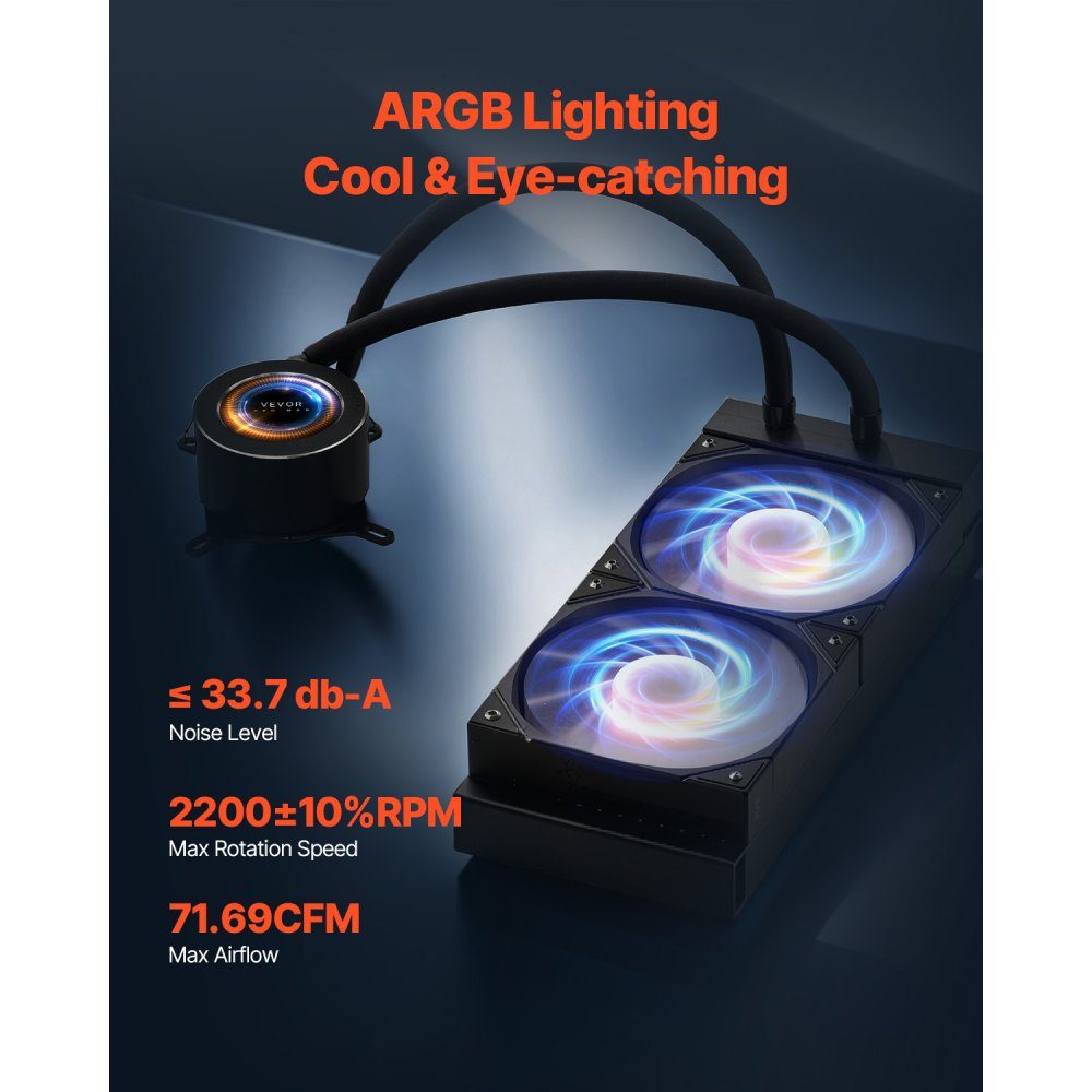 CPU Liquid Cooler AIO CPU Water Cooler - 120mm PWN Fan and Pump PC Water Cooling with 2" LCD Display and ARGB Light for Intel 115X/1366/2011/1700/1200 AMD AM4/AM5