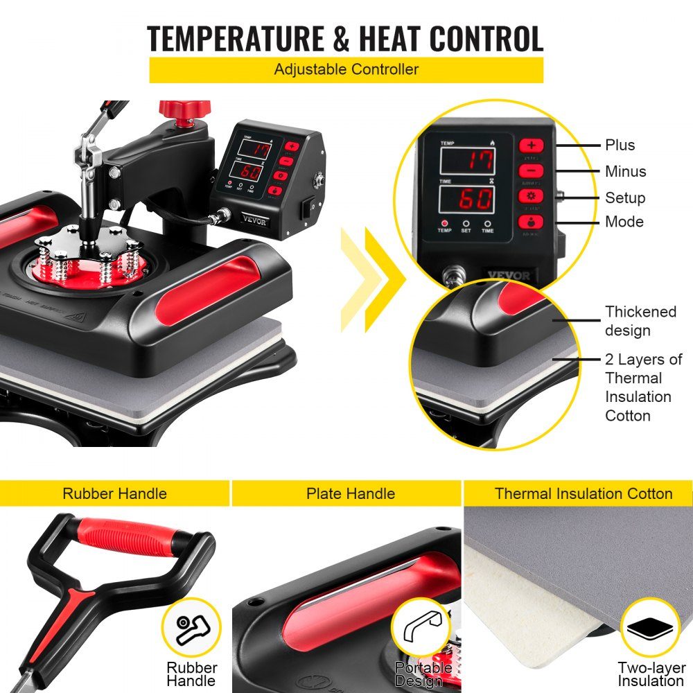 5 in 1 Heat Press 29x38cm T-Shirt Printing Machine 1000W Heat Press Textile Press Red Heat Press 360 Degree Swivel with Digital LED Temperature and Time Control