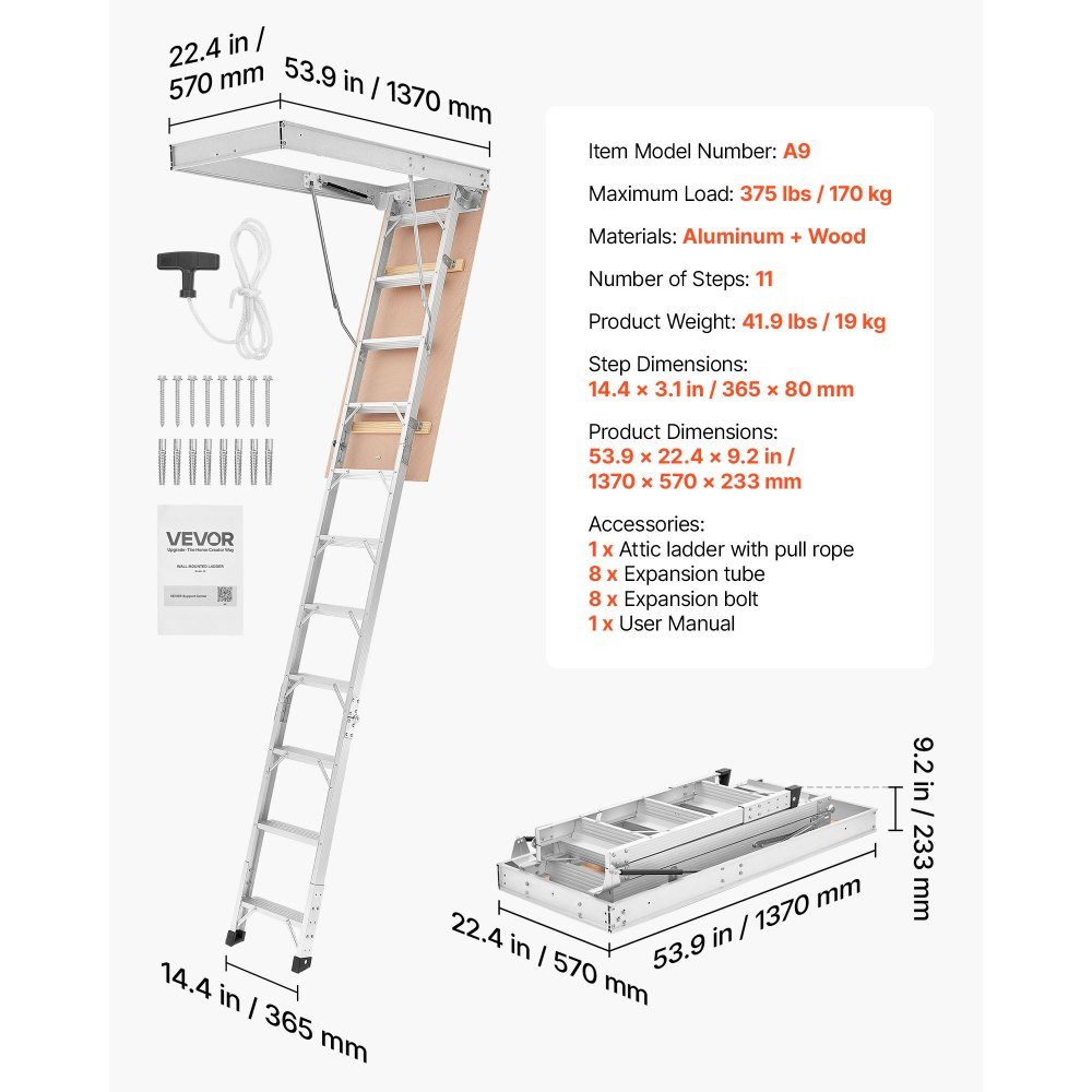 Folding Attic Stairs, 170kg Heavy Duty Aluminum and Wood Attic Ladder, Hydraulic Attic Stairs with Pull Rope for Ceiling Heights 300-313cm, Metal Ladder with 137cm x 57cm Access Opening, Silver