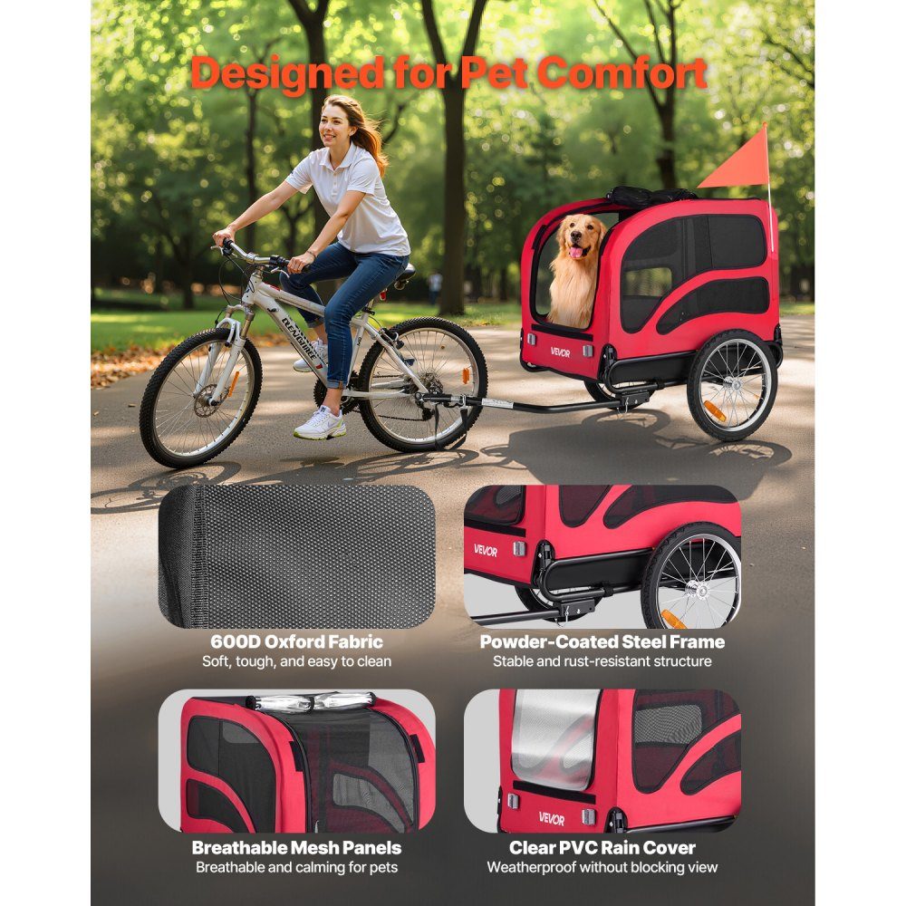 Dog Trailer Up to 45kg Pet Cart Bike Carrier for Small and Large Dogs Folding Frame with Wheels Universal Bike Hitch Includes Flag Internal Leash 1350 x 720 x 840mm
