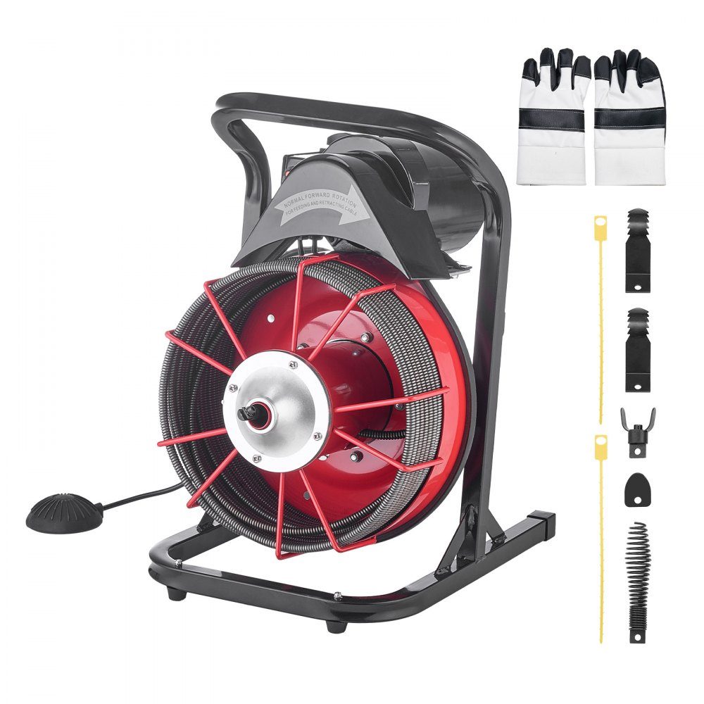 Pipe cleaning machine φ13 mm x 15 m, cleaning spiral with hand feed, 4 cutting knives & pneumatic foot switch, pipe cleaner for pipes from 50 mm to 150 mm, pipe cleaning device