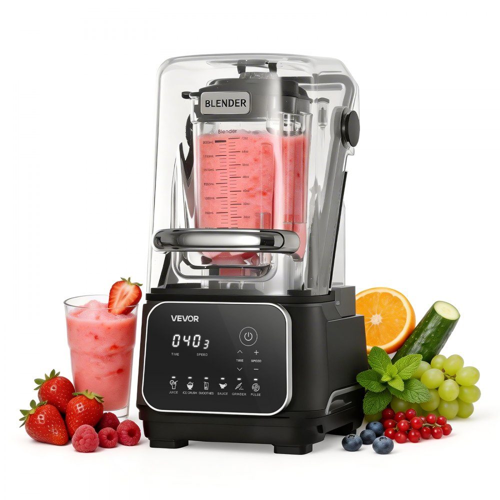 Mikser na stojaku Mikser do smoothie 2 l z osłoną ochronną Kostkarka do kruszonego lodu o mocy 2200 W z funkcją samooczyszczania Regulowana prędkość 6 zaprogramowanych programów Koktajle Kruszenie lodu Puree Czarny