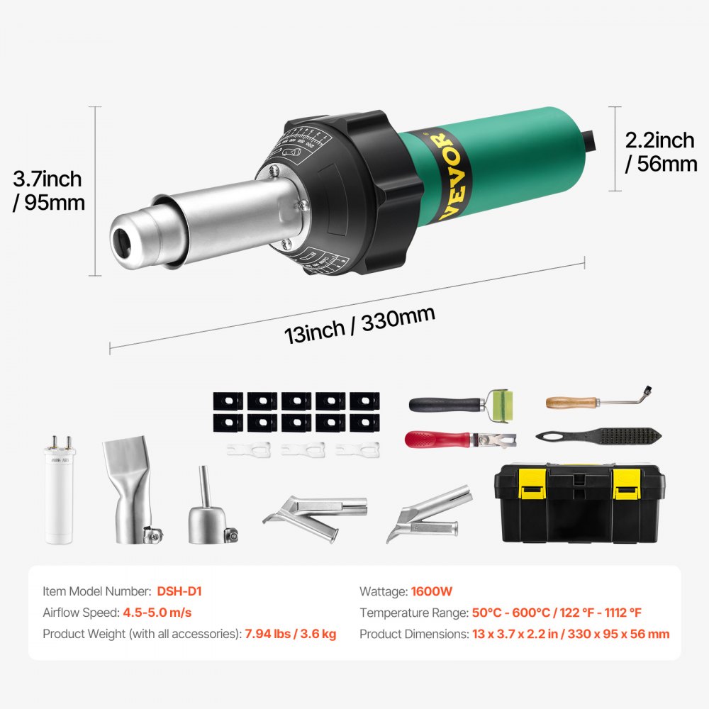 Hetelucht-kunststoflasapparaat, 1600 W heteluchtpistool, 50-600 ° C PVC TPO-vinyllasbrander, heteluchtlasapparaatset met 11 accessoires - gereedschapskist, mondstuk, roller, messen voor PP/PE/PVC Hetelucht-kunststoflasapparaat, 1600 W heteluchtpistool, 50-600 ° C PVC TPO-vinyllasbrander, heteluchtlasapparaatset met 11 accessoires - gereedschapskist, mondstuk, roller, messen voor PP/PE/PVC