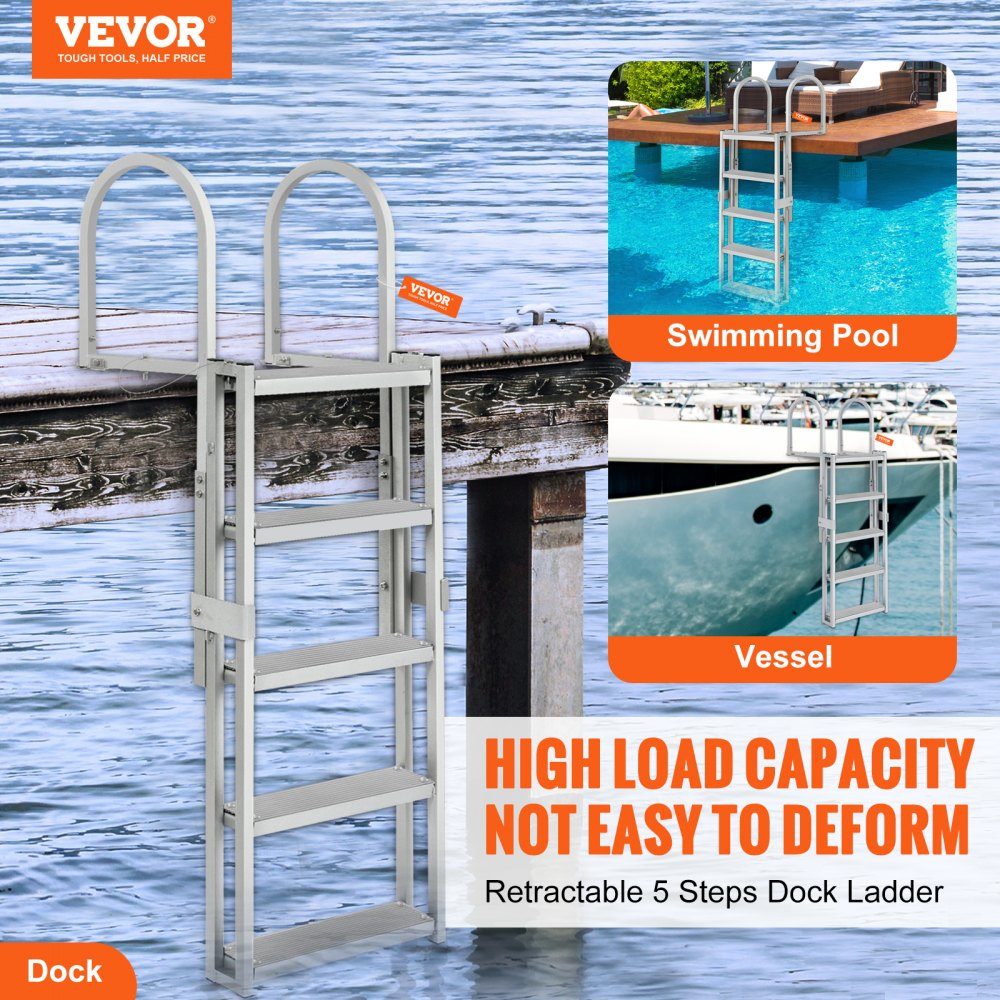 Dockleiter, 5 einziehbare Stufen, 159 kg Tragkraft, Ponton-Bootsleiter aus Aluminiumlegierung mit 1700–2005 mm verstellbarer Höhe, 10 cm breite Stufe zum Einsteigen in Schiffe/See/Pool/Marine