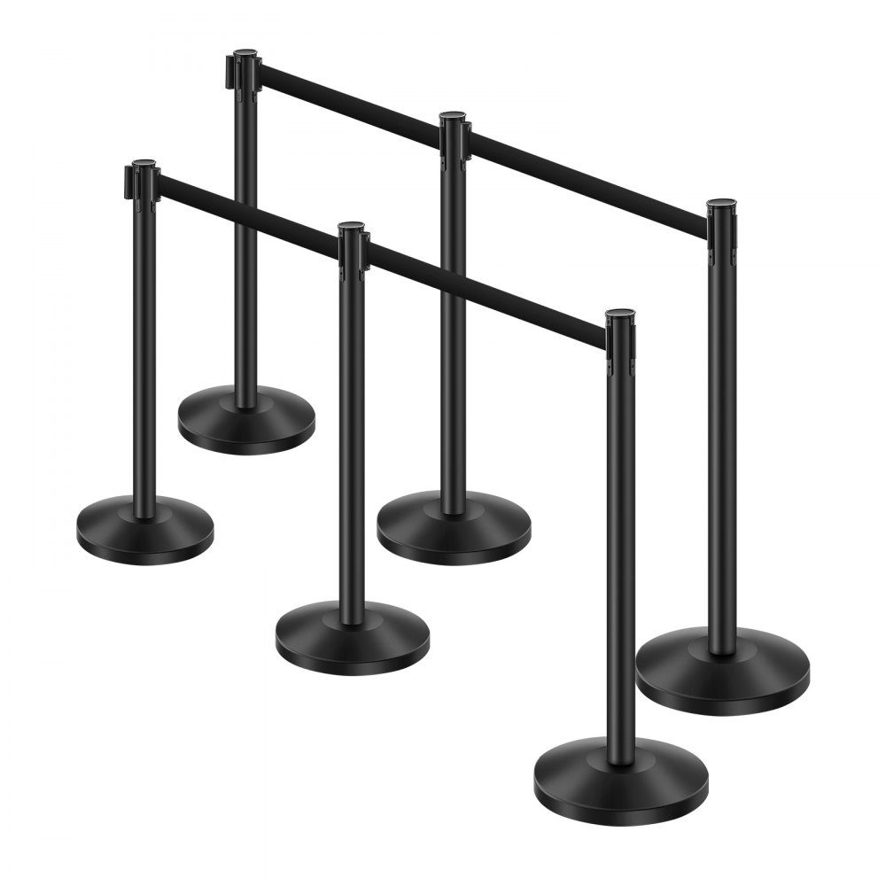 Absperrpfosten zur Massenkontrolle (6er-Pack) mit 6 einziehbaren Gurten, Absperrpfosten aus Karbonstahl mit hohler Basis für Hochzeiten, Ausstellungen, Schwarz