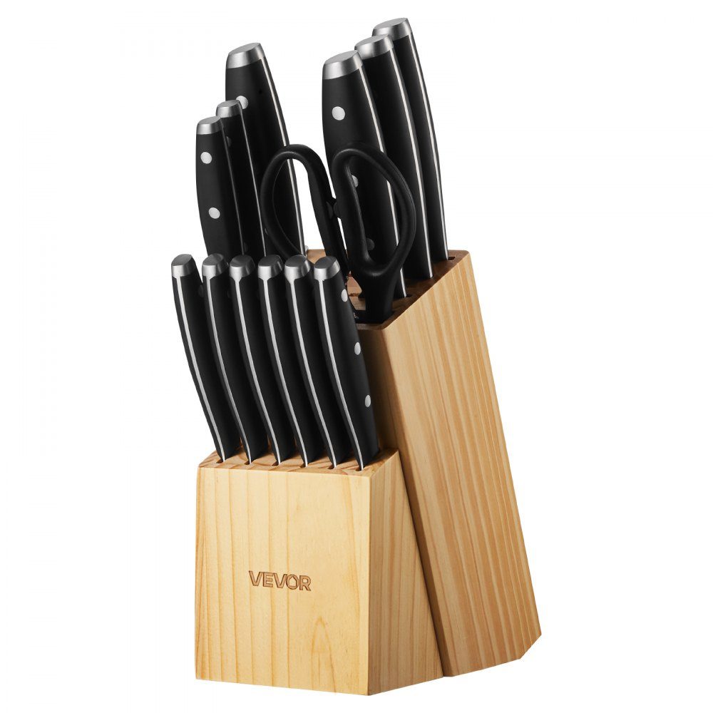 Kitchen knife set with knife block (wood) & sharpening steel, 15 pieces. Knife set, high carbon stainless steel knives, kitchen cutlery with ergonomic handle and kitchen scissors for home cooks