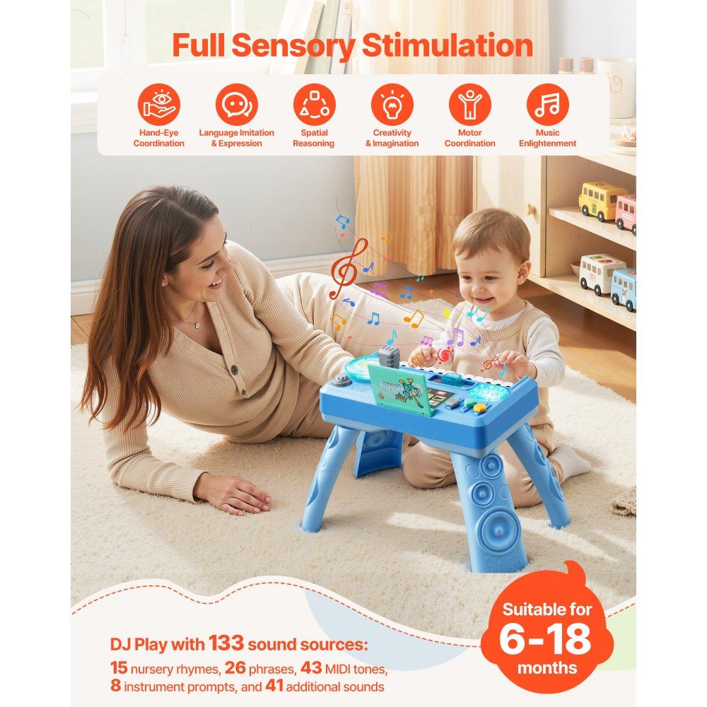 Table d'activité, table musicale avec 133 sources sonores, fonction d'enregistrement et platine DJ LED, table d'apprentissage pour enfants, table de jeu interactive pour anniversaires, cadeau pour enfants de 6 mois et plus