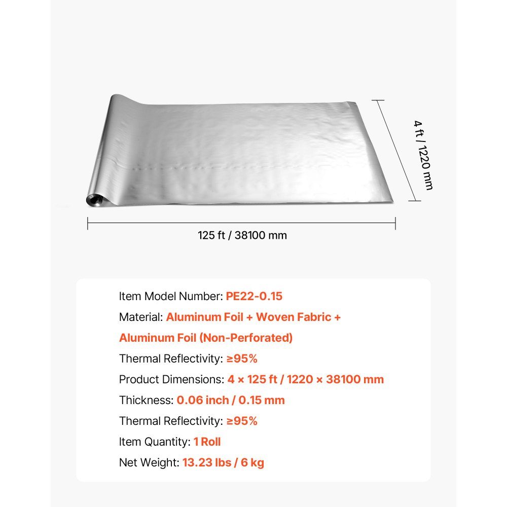 Insulation Film Non-Perforated Fabric Insulation Film 0.15mm Reflective Film 38.1m x 122cm Double Sided Aluminum Foil Heat Reflection Protection Thermal Insulation Roll for Window Roofs