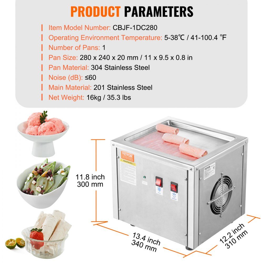 Deep-fried ice cream roll machine, 28 x 24 x 2 cm pan for frying ice cream, ice cream maker with compressor and 2 scrapers, for making ice cream, frozen yogurt and ice cream rolls