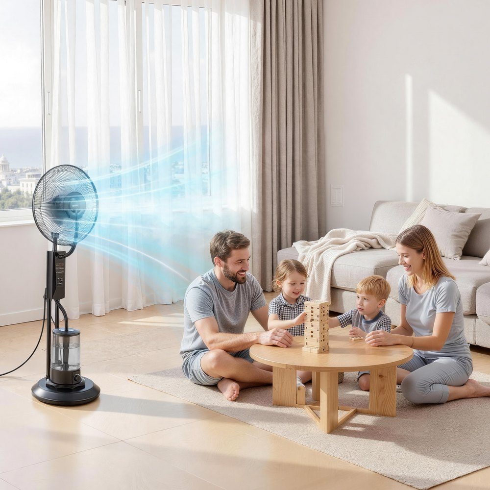 Standventilator mit Nebel, 75-W-Ventilator mit 3-Liter-Wassertank, 3 Windstufen, Timer und Fernbedienung, Luftbefeuchter mit Sprühsystem für Innen- und Außengarage, Terrasse, Wohnzimmer, 3 Modi