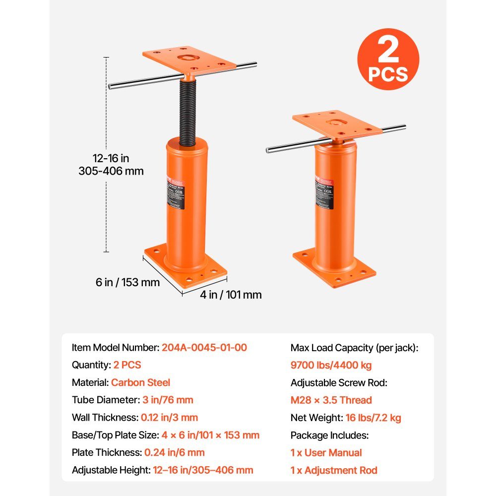 Home Use Floor Jack 2 Pack Height Range: 12" to 16" Maximum Load Capacity per Unit: 100lbs Adjustable Support Beam Basement Jack Post for Leveling Telescopic Steel Floor Jack for Temporary Support