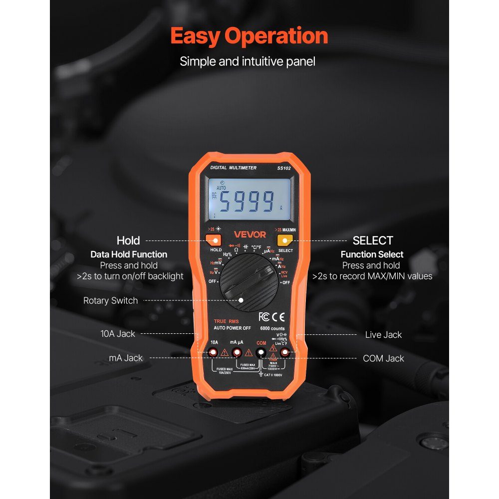 Digitalmultimeter, 6000-Count TRMS DC/AC-Voltmeter-Stromtester, NCV-Multimeter für Strom, Spannung, Widerstand, Arbeitszyklus, Temperatur, Dioden, Stromdurchgangsprüfung