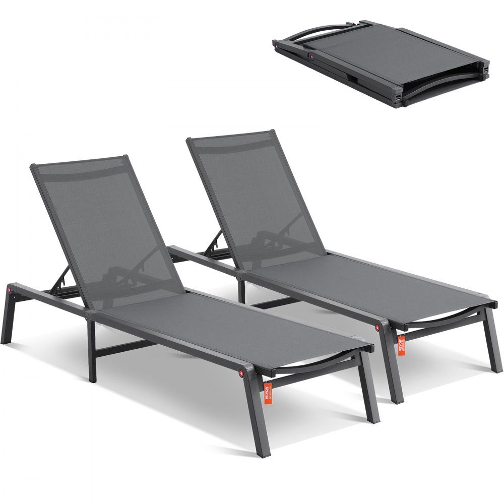 Chaise Lounge-stoelen voor buiten, aluminium terrasstoelen met 5 verstelbare posities, opvouwbare ligstoelen bij het zwembad, ligstoelen en volledig platte ligstoelen voor terrasstrandzwembad, donkergrijs, 2 stuks