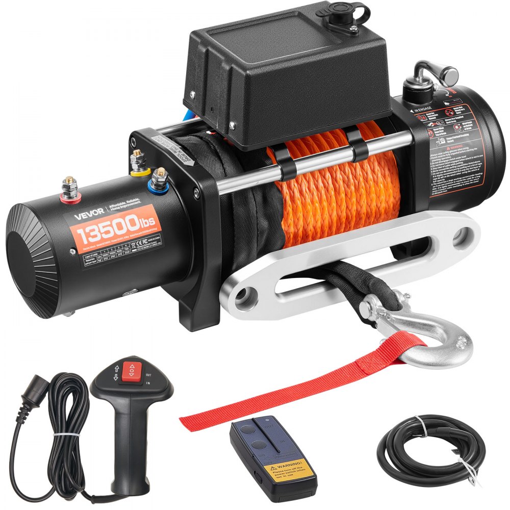Wciągarka elektryczna, wciągarka samochodowa 13 500 funtów 12 V DC z liną syntetyczną Φ3/8" x 80 stóp, aluminiowa prowadnica, bezprzewodowy i przewodowy pilot zdalnego sterowania, wodoodporność IP55 do holowania SUV-ów, jeepów, przyczep i łodzi Wciągarka elektryczna, wciągarka samochodowa 13 500 funtów 12 V DC z liną syntetyczną Φ3/8" x 80 stóp, aluminiowa prowadnica, bezprzewodowy i przewodowy pilot zdalnego sterowania, wodoodporność IP55 do holowania SUV-ów, jeepów, przyczep i łodzi