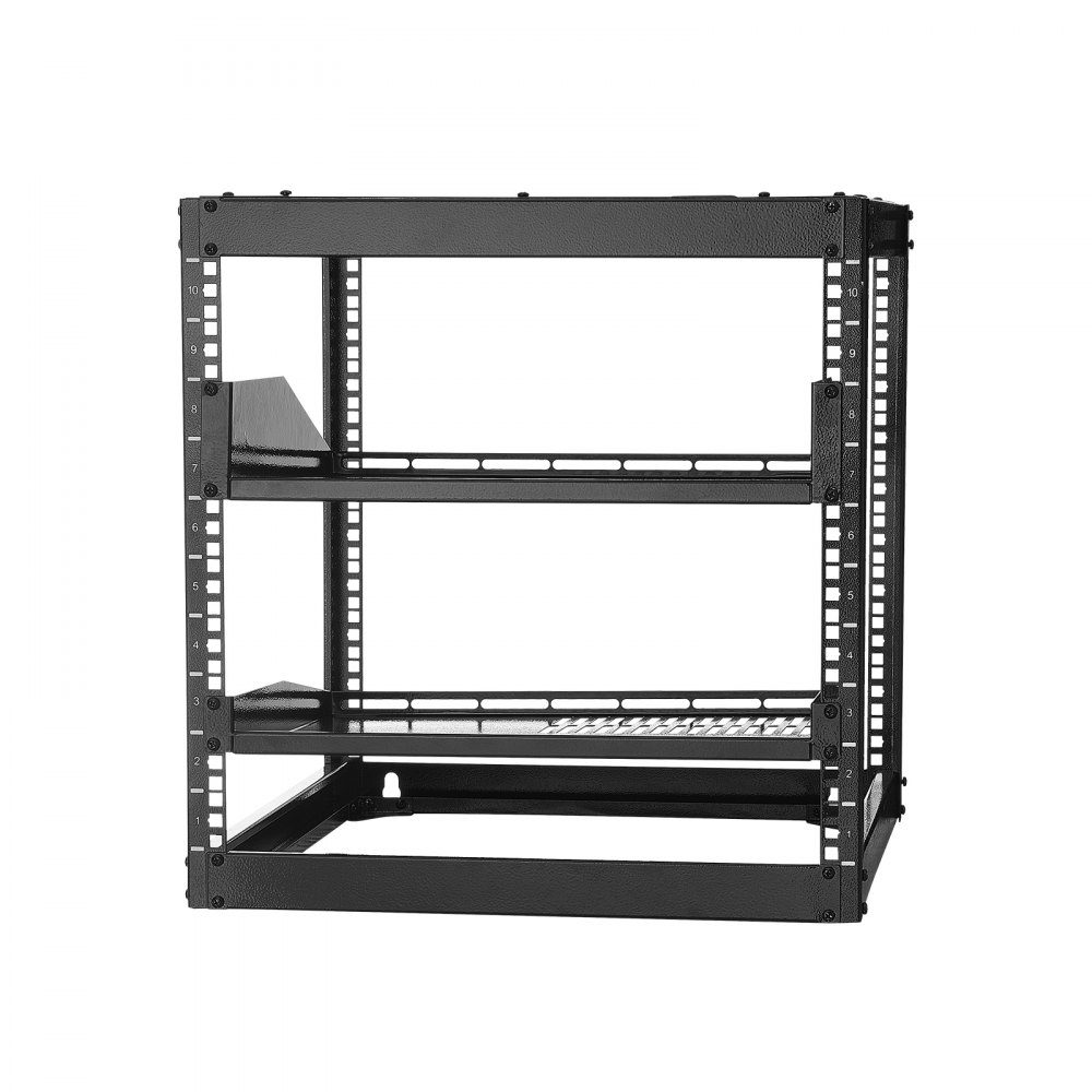 10U open frame network rack, 585mm depth, wall mount or floor standing server rack, 4 post construction, with ventilated shelves and mounting hardware, for all network IT equipment and AV equipment