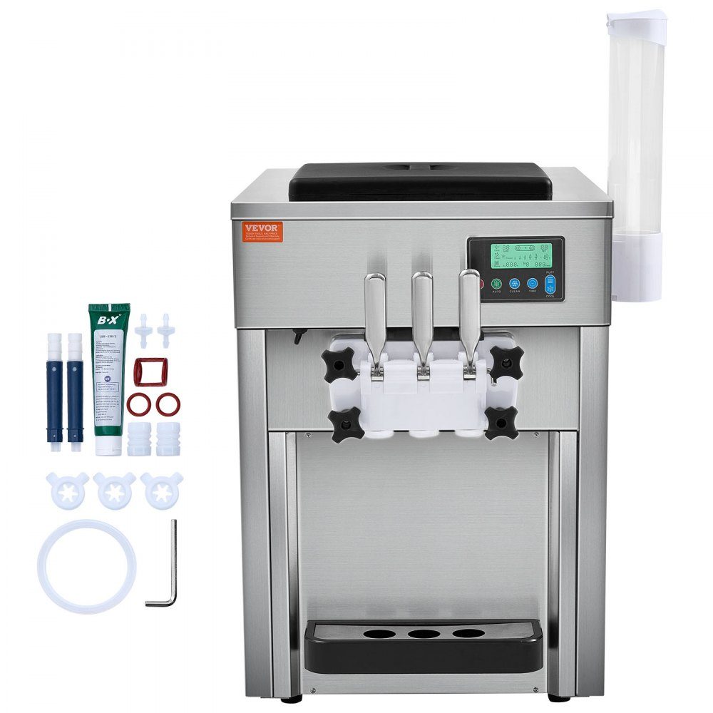 Commercial Ice Cream Maker, 1800W, 3 Flavors, Countertop Soft Ice Cream Machine, 2 x 4L Hopper, 2 x 1.8L Cylinder, LCD Screen, Auto Cleaning, Pre-Cooling
