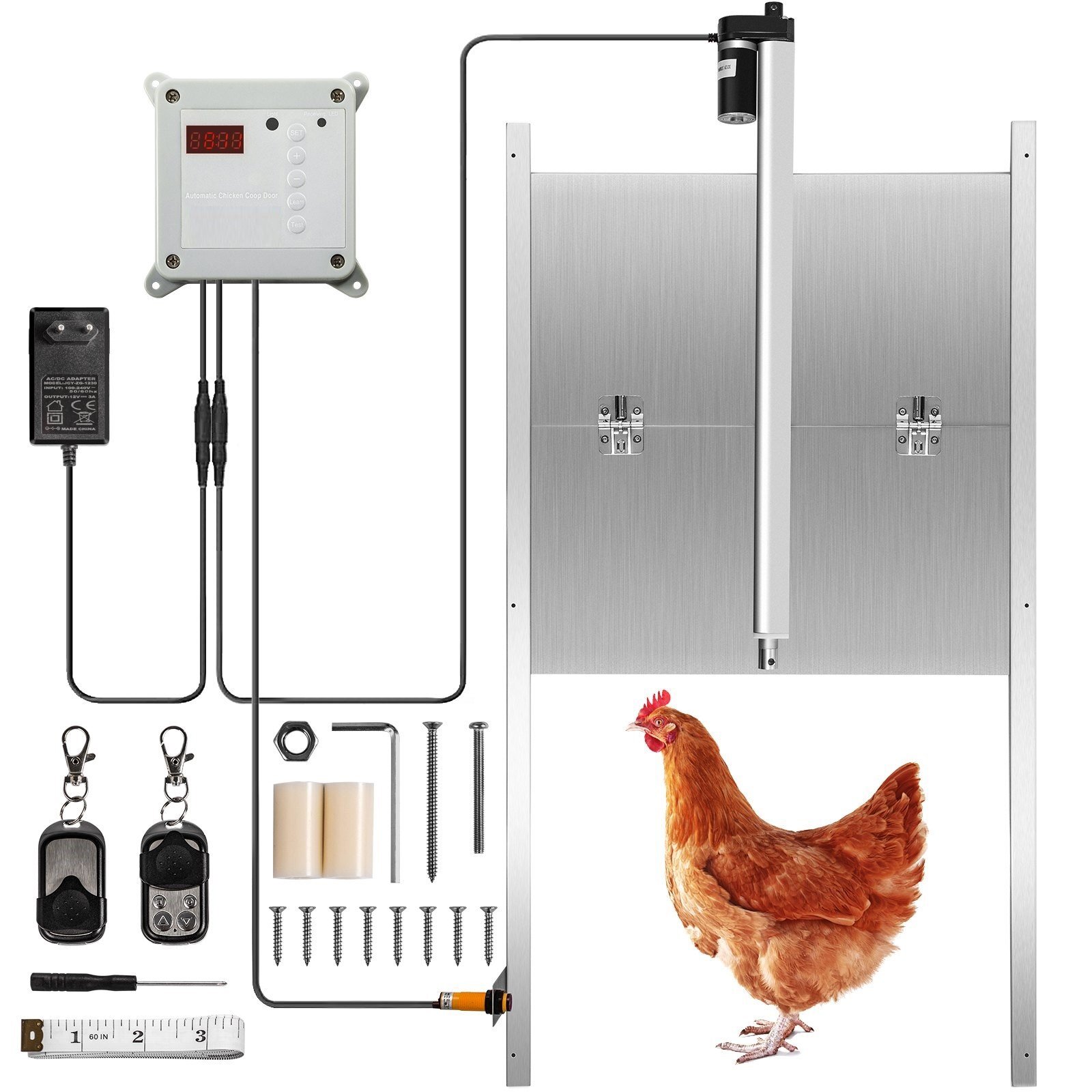 Volet de poulet automatique en alliage d'aluminium/ABS, porte de poulet avec curseur, 66 W, gardien de porte de poulet, ouvre-porte de 30 x 30 cm avec capteur de lumière, contrôle du temps, idéal pour les poulaillers extérieurs/intérieurs. Volet de poulet automatique en alliage d'aluminium/ABS, porte de poulet avec curseur, 66 W, gardien de porte de poulet, ouvre-porte de 30 x 30 cm avec capteur de lumière, contrôle du temps, idéal pour les poulaillers extérieurs/intérieurs.