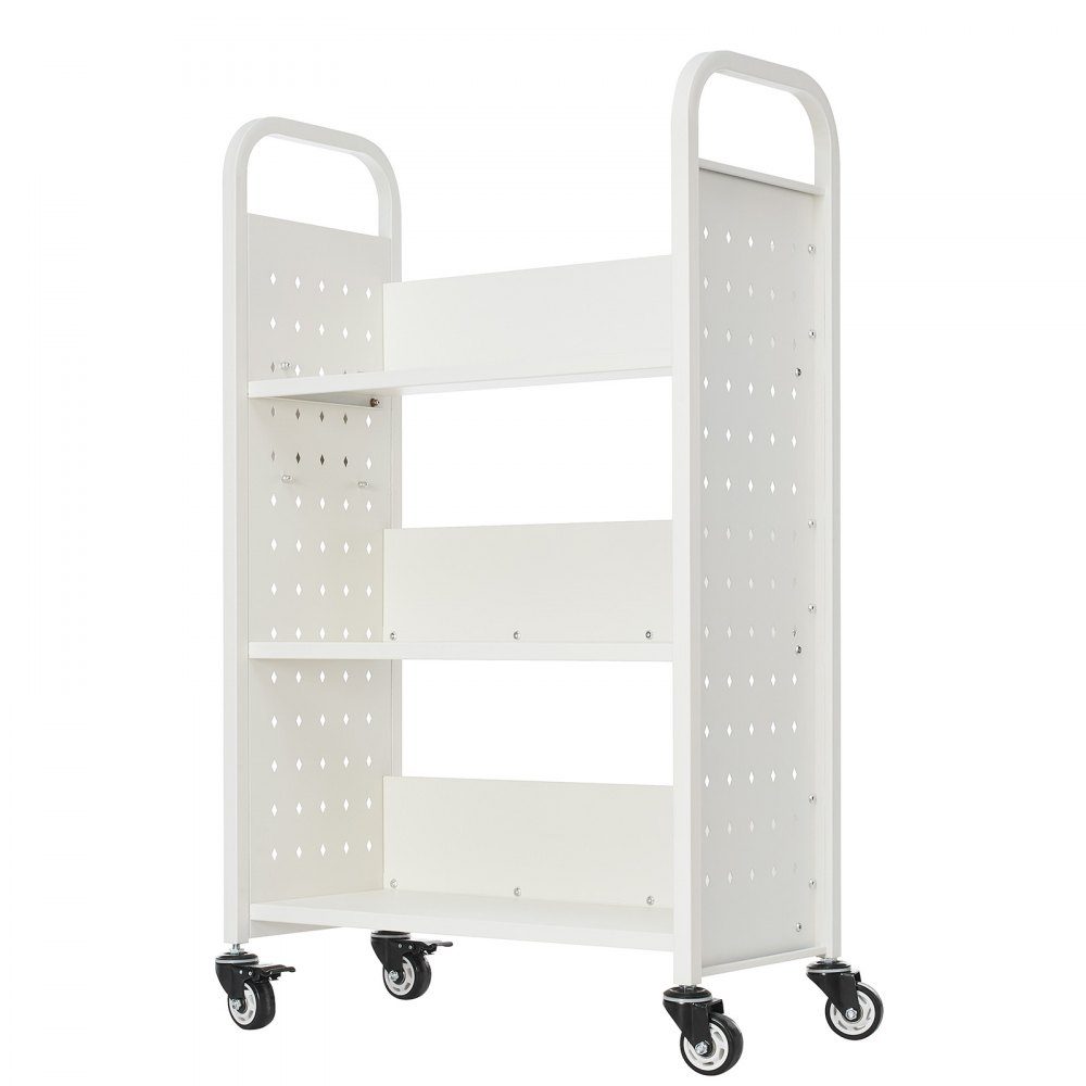 Wózek na książki 150 kg Nośność Wózek biblioteczny 77 x 38 x 122 cm Jednostronny regał w kształcie litery L z podwójnymi kółkami hamulcowymi Wózek na książki do salonu Biuro Szkoła Biały
