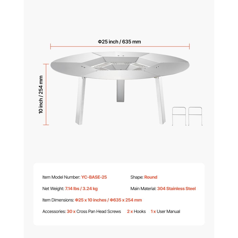 Diffuseur de chaleur pour bol à feu φ 635 x 254 mm Protecteur thermique rond pour foyer à bois Diffuseur de chaleur en acier inoxydable 304 Couvercle de brûleur amovible Accessoires de camping