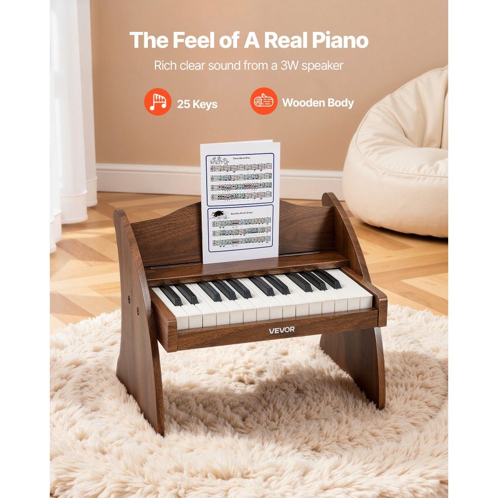 Children's keyboard, 25 keys, electric piano, wooden piano for children aged 3 and over, musical toy with realistic sound, dual power, adjustable volume, early musical education, walnut wood