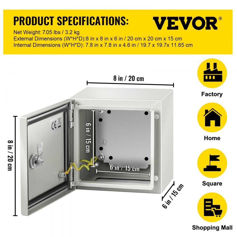 Steel electrical box, electrical enclosure, 20x20x15 cm, carbon steel, IP65