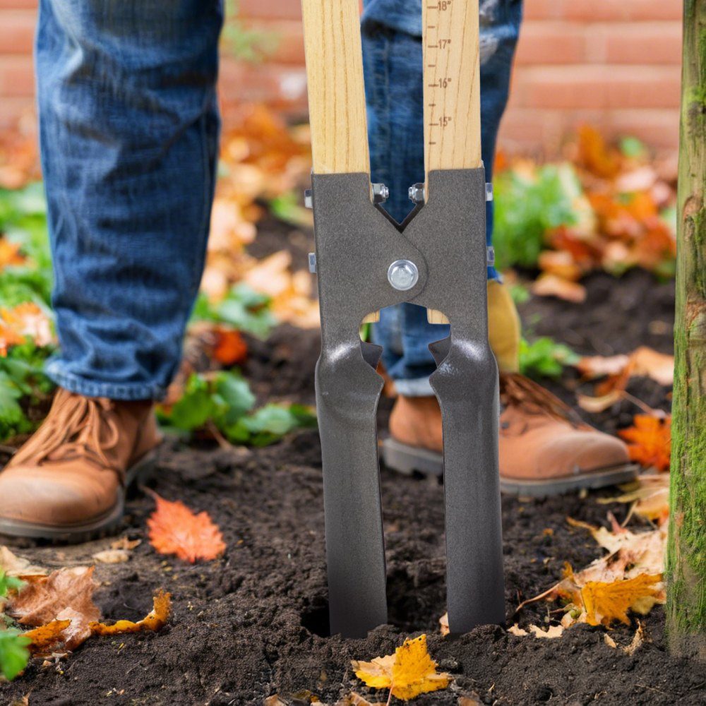 Erdlochbagger 146 cm, robuster Erdlochheber mit Holzgriff, Handbagger mit Skalenmarkierungen und Metallklinge, Pfostenlochspaten-Werkzeug zum Graben im Garten im Freien
