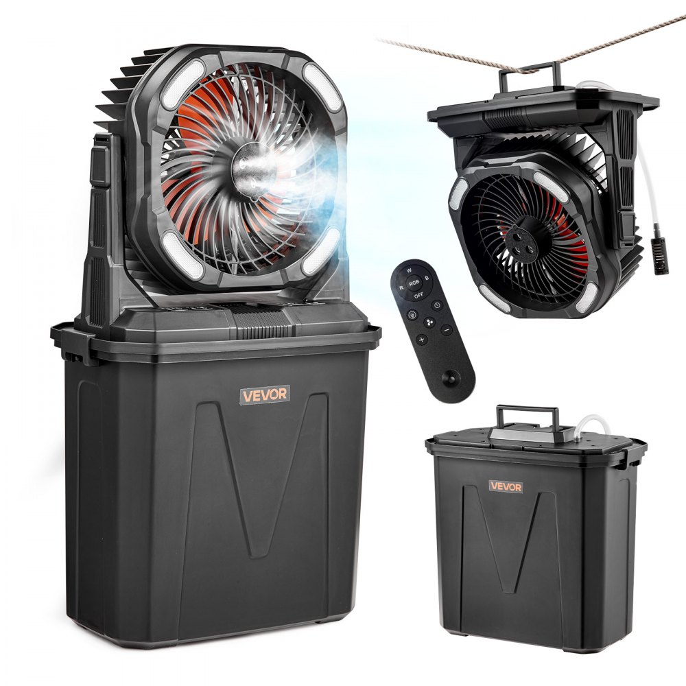 Campingventilator, 2700 RPM motor, mistventilator, mistventilator met watertank van 9 liter, 10000 mAh batterij, 4 windniveaus en 5 verlichtingsmodi, draagbare standventilator voor kamperen, vissen en reizen Campingventilator, 2700 RPM motor, mistventilator, mistventilator met watertank van 9 liter, 10000 mAh batterij, 4 windniveaus en 5 verlichtingsmodi, draagbare standventilator voor kamperen, vissen en reizen