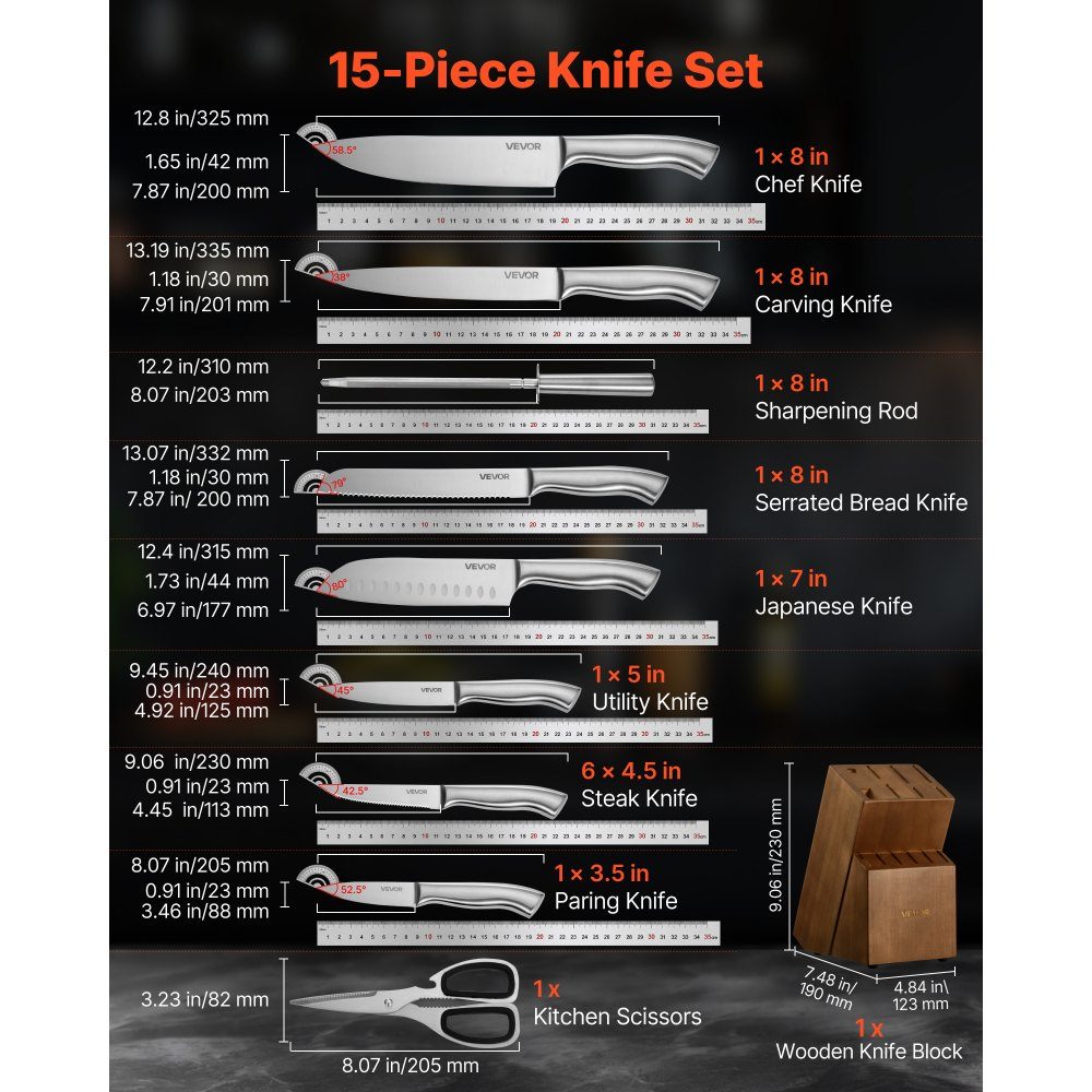 Kitchen knife set with knife block (wood) & sharpening steel, 15 pieces. Knife set of sharp knives made of high carbon stainless steel, kitchen cutlery with ergonomic handle, for home cooks
