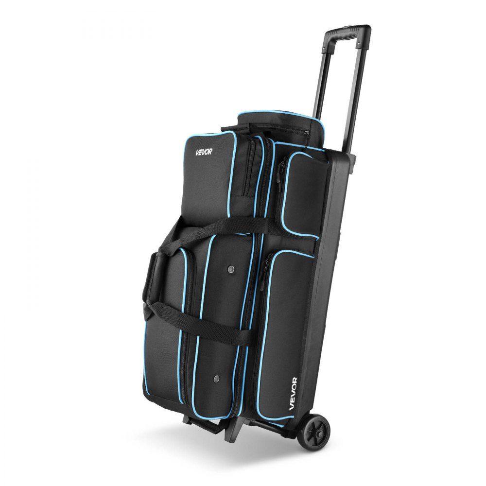 Bowling ball bag for 3 balls with double wheels and separate compartment for shoes (up to US size 16) and oversized accessory pocket, extendable handle, extends to 105 cm, black + blue