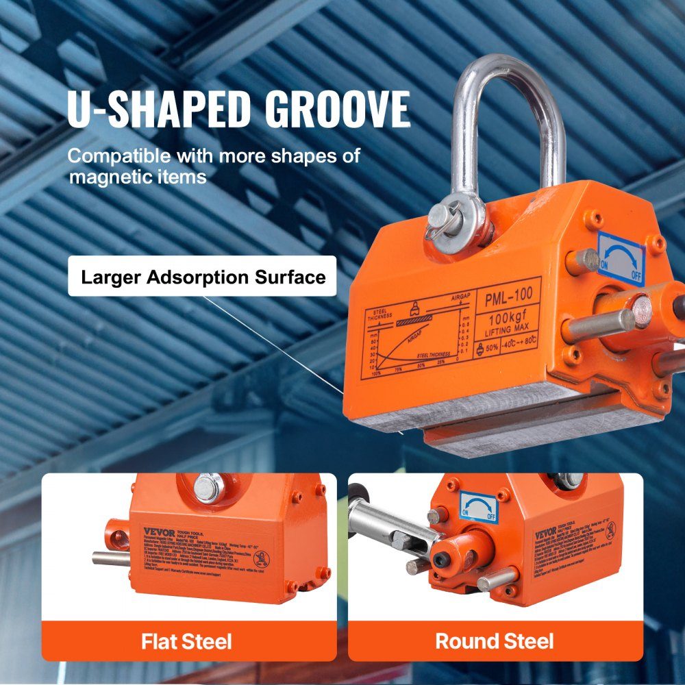 Load lifting magnet, crane magnet (100kg load capacity, 250kg pulling force, -40 to 80℃), hand controlled fork lifting magnet lifter, magnetic lifter, yellow neodymium lifting magnet tool