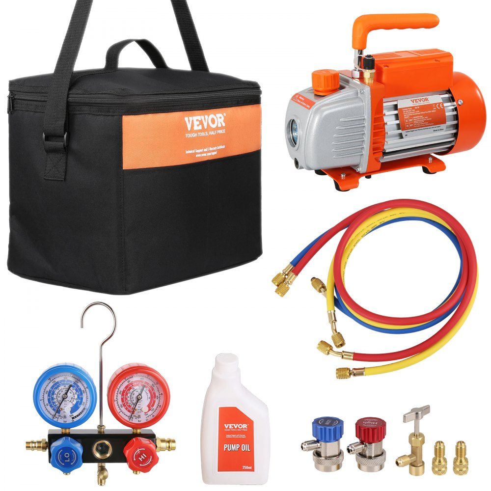 Vakuumpumpe 100 l/min, Vakuumpumpe, 1-stufig, 220 V/50 Hz, 1440 U/min, 800–4000 PSI (55–276 bar), 250 ml Ölkapazität, Vakuumausrüstung, Verteiler, Manometer-Set für Klimaanlagen, Fahrzeugkühlsysteme