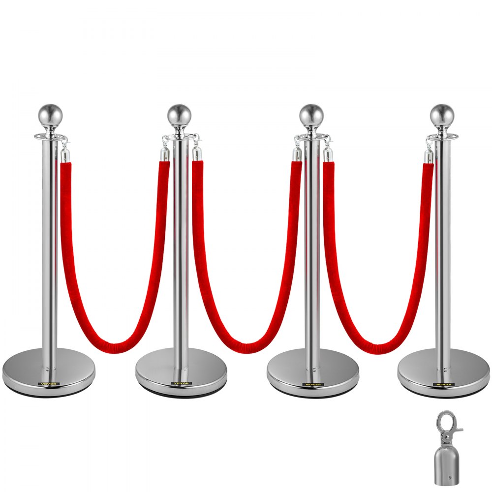 Stainless Steel Barrier Posts, Rope Demarcation Stand, Ball Head, 3 Red Velvet Ropes, Silver Column, 4 Pack Crowd Control Barriers