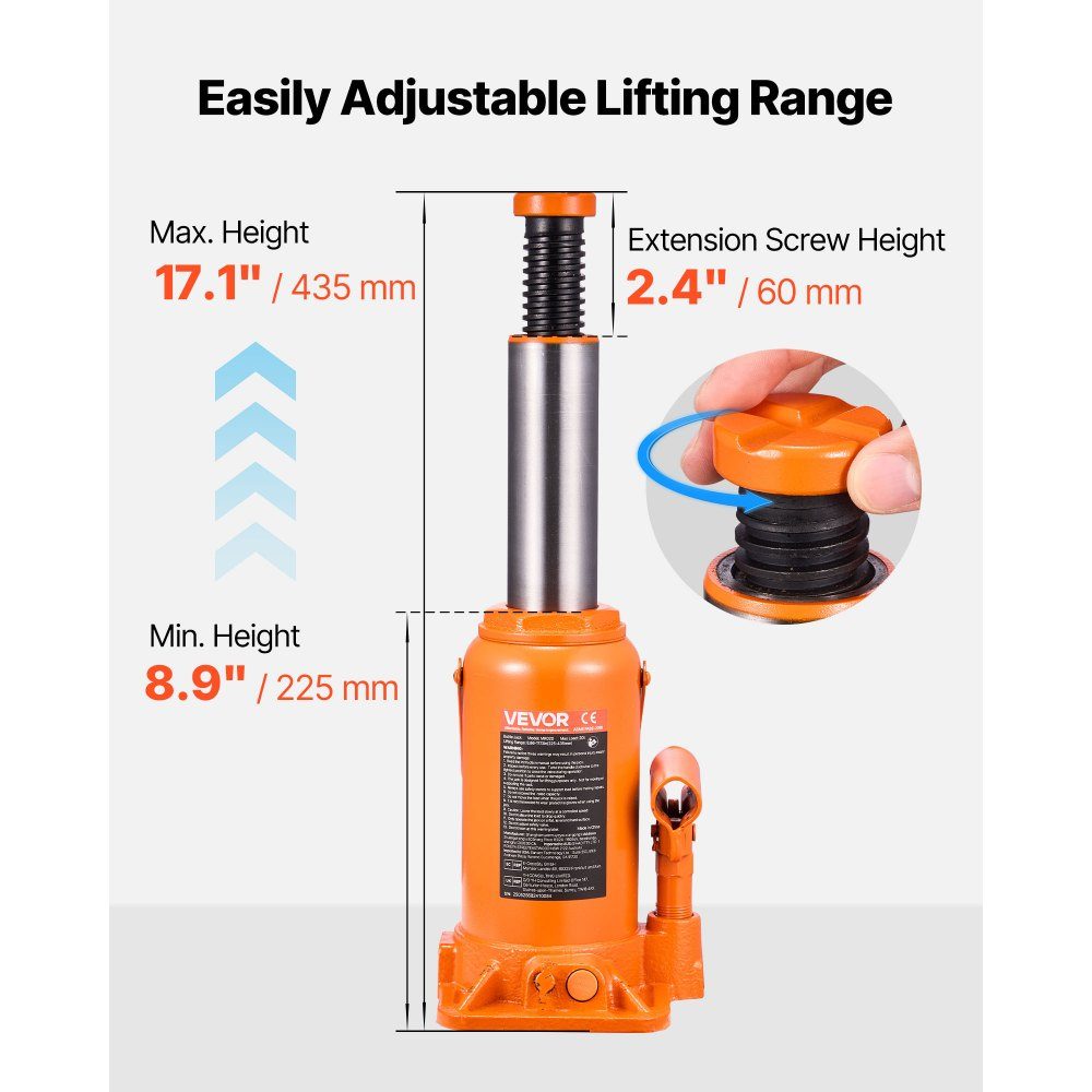 Cric Hydraulique Cric Bouteille 20T 225-435mm Plage de Levage Cric de Timbre Robuste pour Voiture SUV Pickup Réparation de Voiture Ascenseur de Maison Équipement Agricole Orange