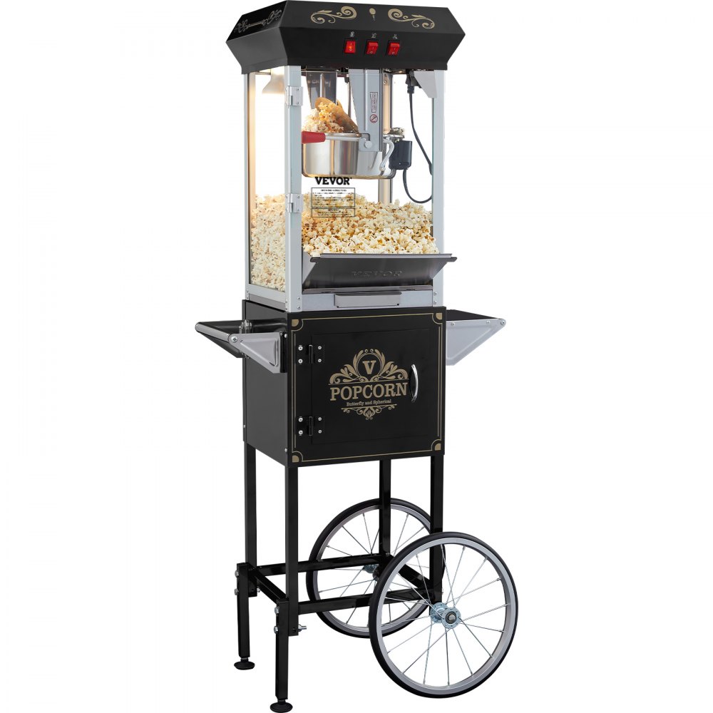 Popcornmaker, Popcornmaker met kar, 850W Popcornmaker, 8oz Ketel voor 48 kopjes per lading, Popcornmaker van gehard glas met 4 bolletjes Cinema Style Restaurant, Zwart