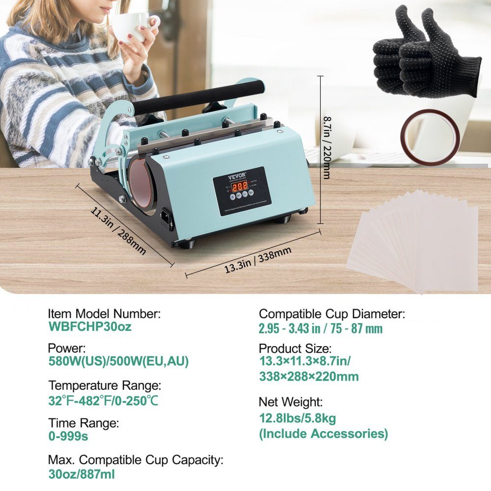 Tumbler Heat Press, 11-30oz mokpers, snelle en gelijkmatige verwarming, tuimelaarpers met sublimatiepapier, tape en handschoenen, temperatuur- en tijdinstelling, voor sublimatiemokken, kopjes, mokken, groen