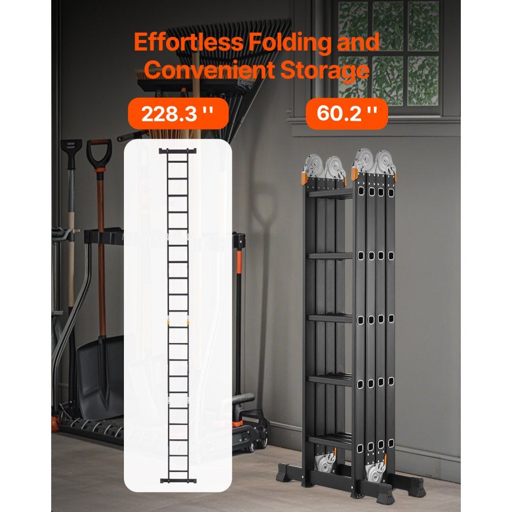 Mehrzweckleiter, 7-in-1-Multifunktionsleiter, A-Rahmen, 5-stufige Teleskopleiter, Leitergestell 5800 mm, verstellbare Hochleistungsleiter, 150 kg Tragfähigkeit für den Heimgebrauch im Freien