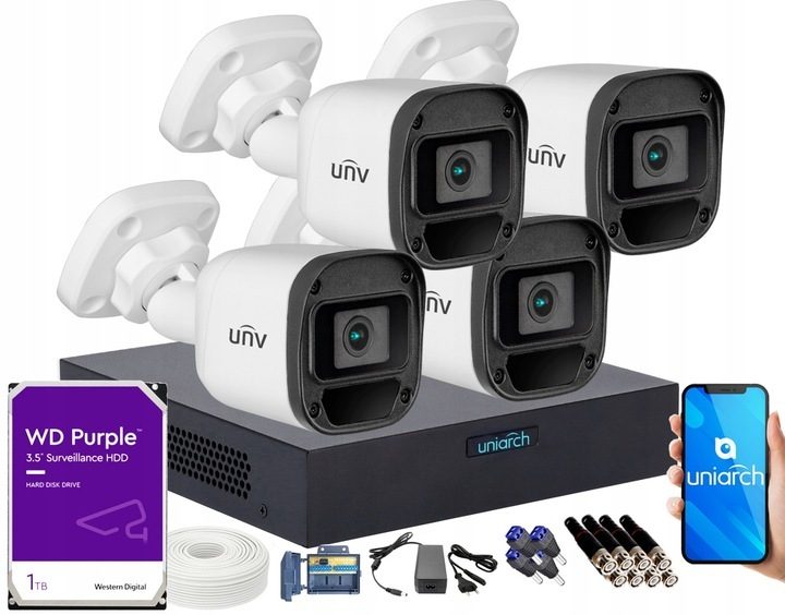 Uniarch 2MPX AHD KIT für Überwachungskameras, Überwachungskit, 4 FHD-Kameras, Outdoor-App, CCTV, iOS, Android