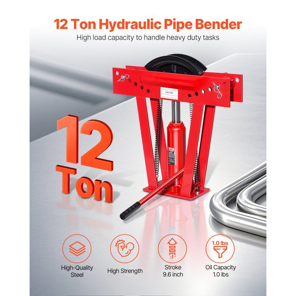 Hydraulische pijpenbuiger, 12 ton pijpenbuiger met 6 matrijzen (1/2, 3/4, 1, 1-1/4, 1-1/2, 2 inch), 90-180° pijpenbuiger met verstelbare rollen voor het buigen van diverse metaalsoorten