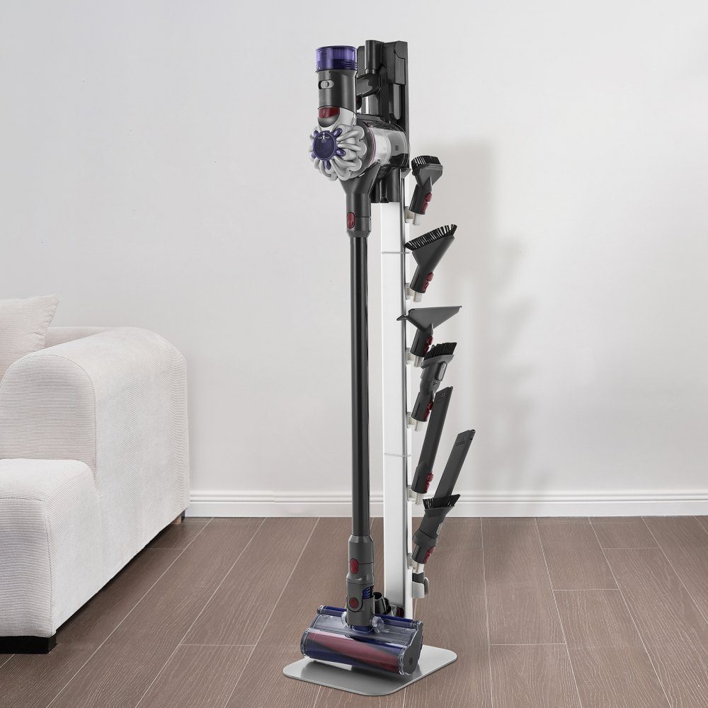 Support d'aspirateur 126 cm compatible avec les aspirateurs verticaux et accessoires Dyson G5 V15 V12 V11 V10 V8 V7 V6 Series Support de sol avec 6 crochets et patins antidérapants Argenté