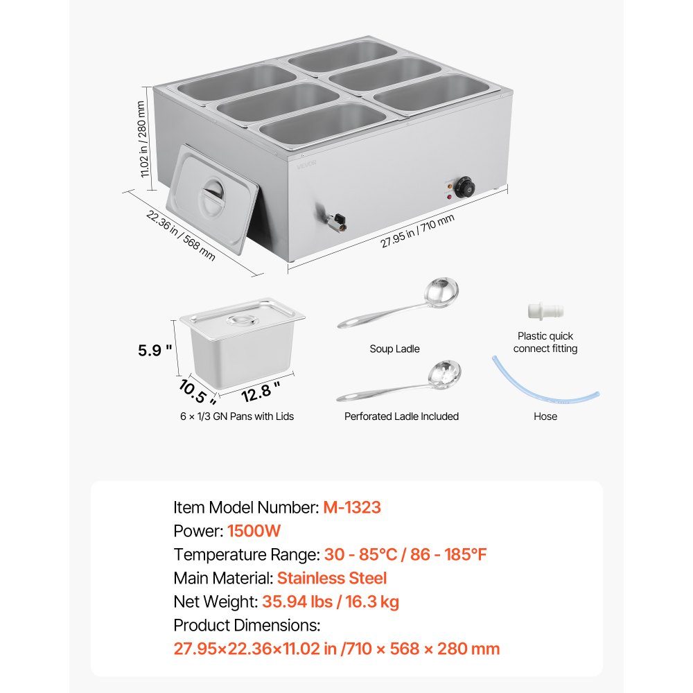 Réchauffeur de nourriture commercial (6 récipients de taille 1/3), récipient chauffant électrique en acier inoxydable de 1,5 kW avec couvercle et louche à soupe, ensemble de réchauds pour restauration, restaurant, fête