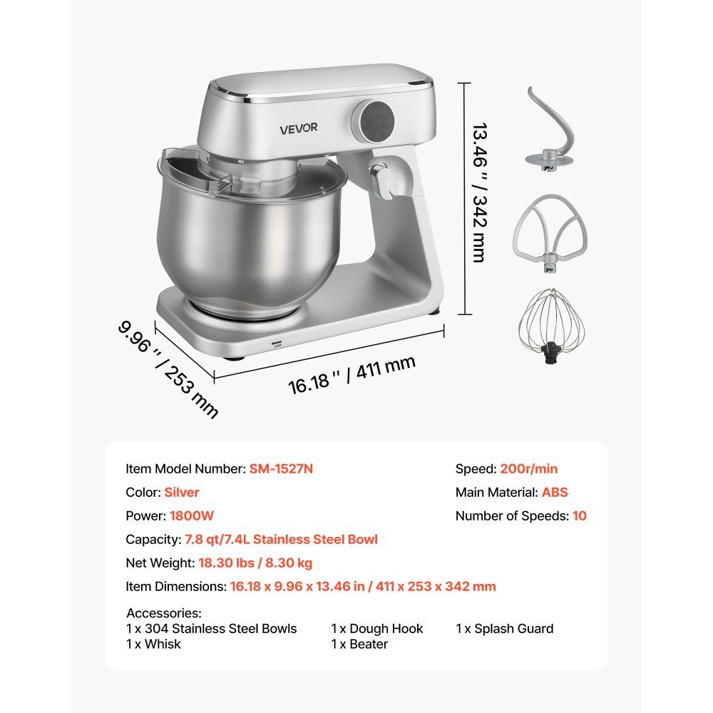 Kneading machine, food processor for baking, 1800 W dough machine with stainless steel bowls (7.4 l) and dough hook, beater and whisk, 10-way adjustable tilt mixer, stand mixer