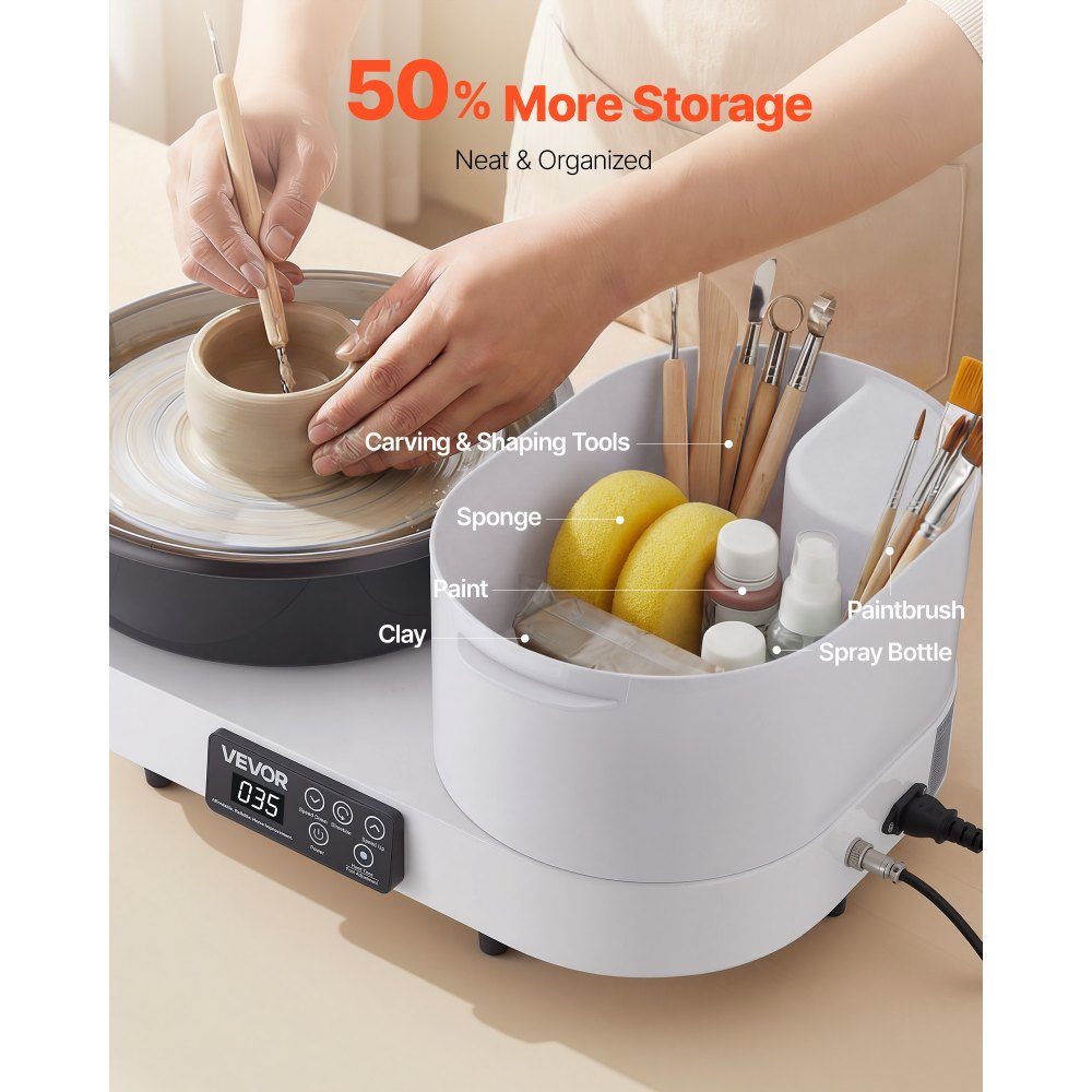 Pottery Wheel Electric 450W Pottery Lathe 28cm Turntable Pottery Machine with Foot Pedal and 30-300RPM Adjustable Speed ​​and Tool Box Ideal for Beginners DIY Clay Art White