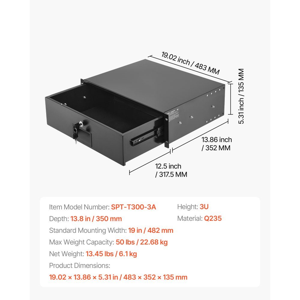 3U-Rack-Schublade, 50 Pfund, abschließbares Serverschrankgehäuse, Schiebeschublade mit Schloss und Kabelführungslöchern für 482 mm Netzwerkgeräte, Server, AV-Rack oder Schrankgehäuse