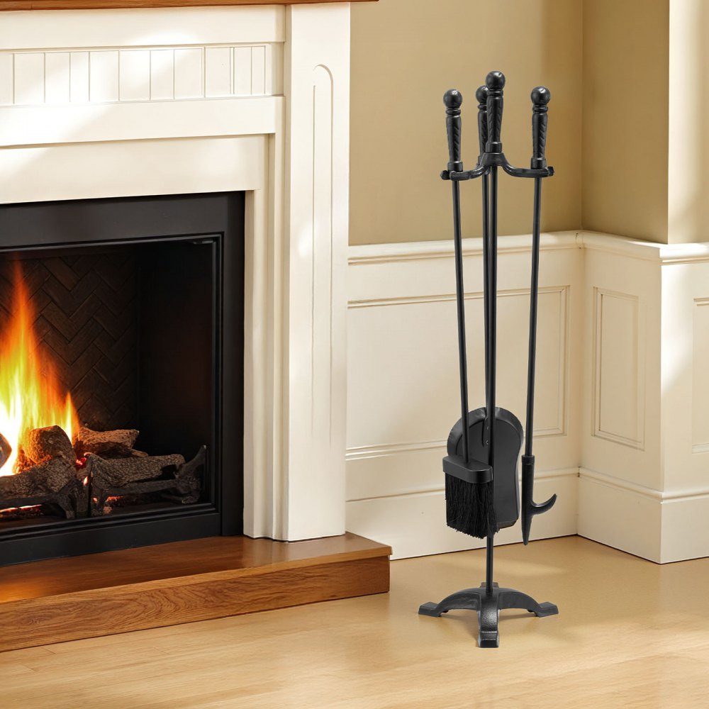 Kaminbesteck-Set, 4-teiliges Herdbesteck-Set, inklusive dreizackigem Ständer, Ascheschaufel, Besen, Schürhaken, schmiedeeisernes Kaminzubehör für Lagerfeuer im Innen- und Außenbereich, Schwarz