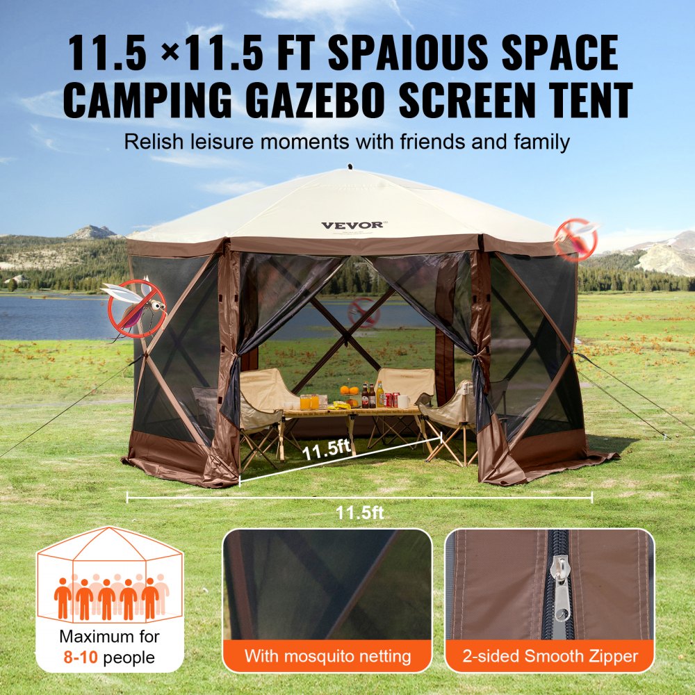 Tente tonnelle escamotable, tente escamotable avec auvent à 6 côtés, protection solaire avec 6 toiles coupe-vent amovibles et fenêtres grillagées, 3,5 x 3,5 m, tente à montage rapide avec moustiquaire, marron