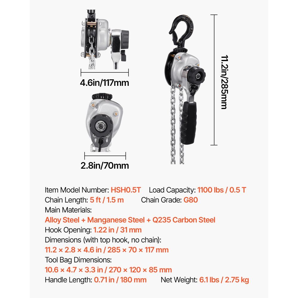 Mini Lever Hoist, 1/2 Ton Capacity Hand Chain Hoist, 3m Stroke, G80 Steel Alloy Chain with Mechanical Double Pawl Brake, Chain Hoist with 360° Swivel Hooks, for Warehouse, Construction, Garage