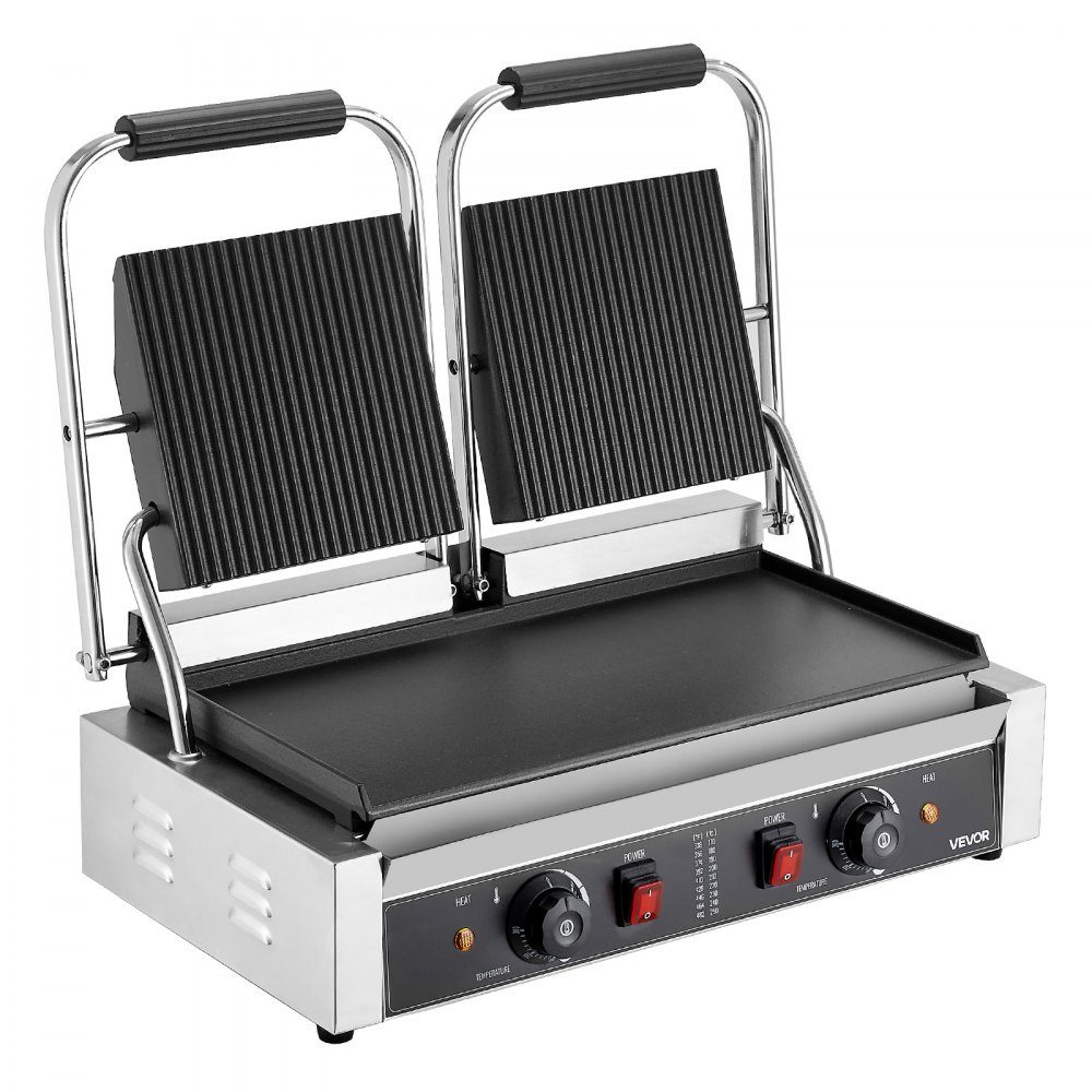 Commercial Panini Grill, Contact Grill 3600 W, for Sandwiches, Steak, Bacon, Hamburgers, Sandwich Maker, Stainless Steel Press Grill with Handle & Temperature Controller & 48 x 23 cm Heating Plate, Panini Press