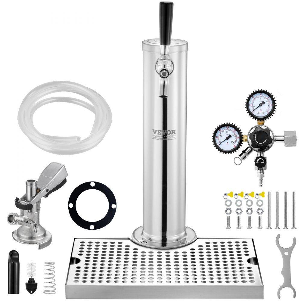 Zestaw wieży Kegerator, zestaw do konwersji piwa z jednym kranem, dozownik wieży piwa w beczce ze stali nierdzewnej z regulatorem W21.8 z podwójnym manometrem i łącznikiem beczki w systemie A, tacka ociekowa piwa na imprezę domową